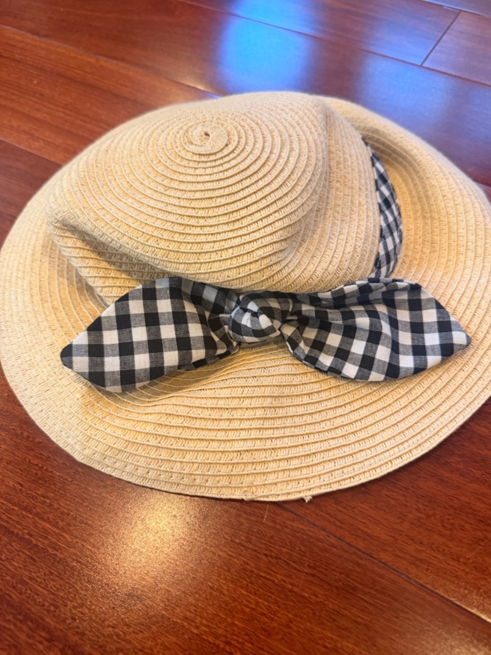 Straw Sun Hat with Black & White Gingham Bow